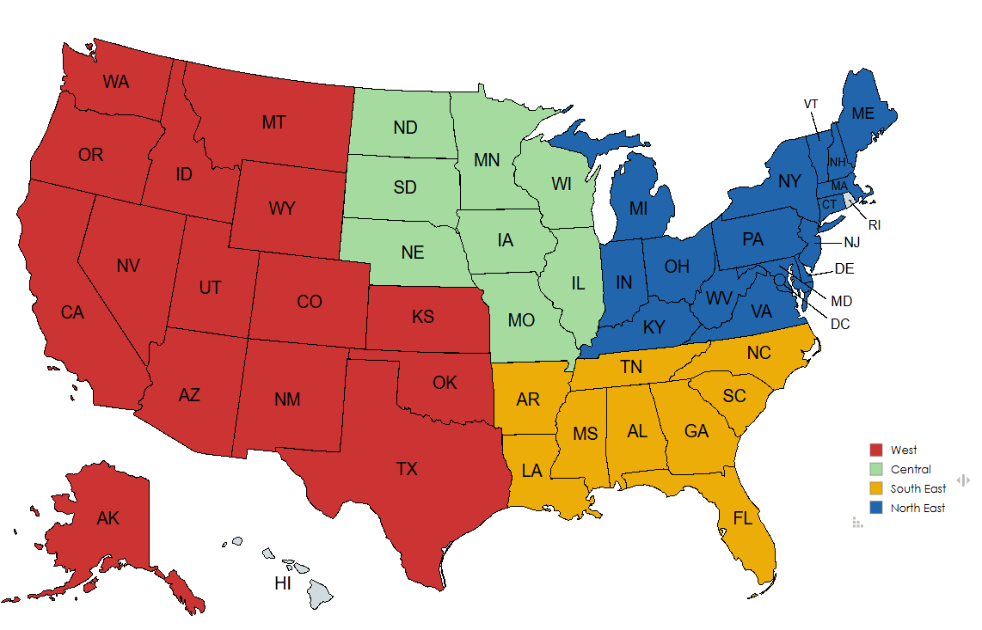 Color coded map of the United States and the regions our Sales Team covers